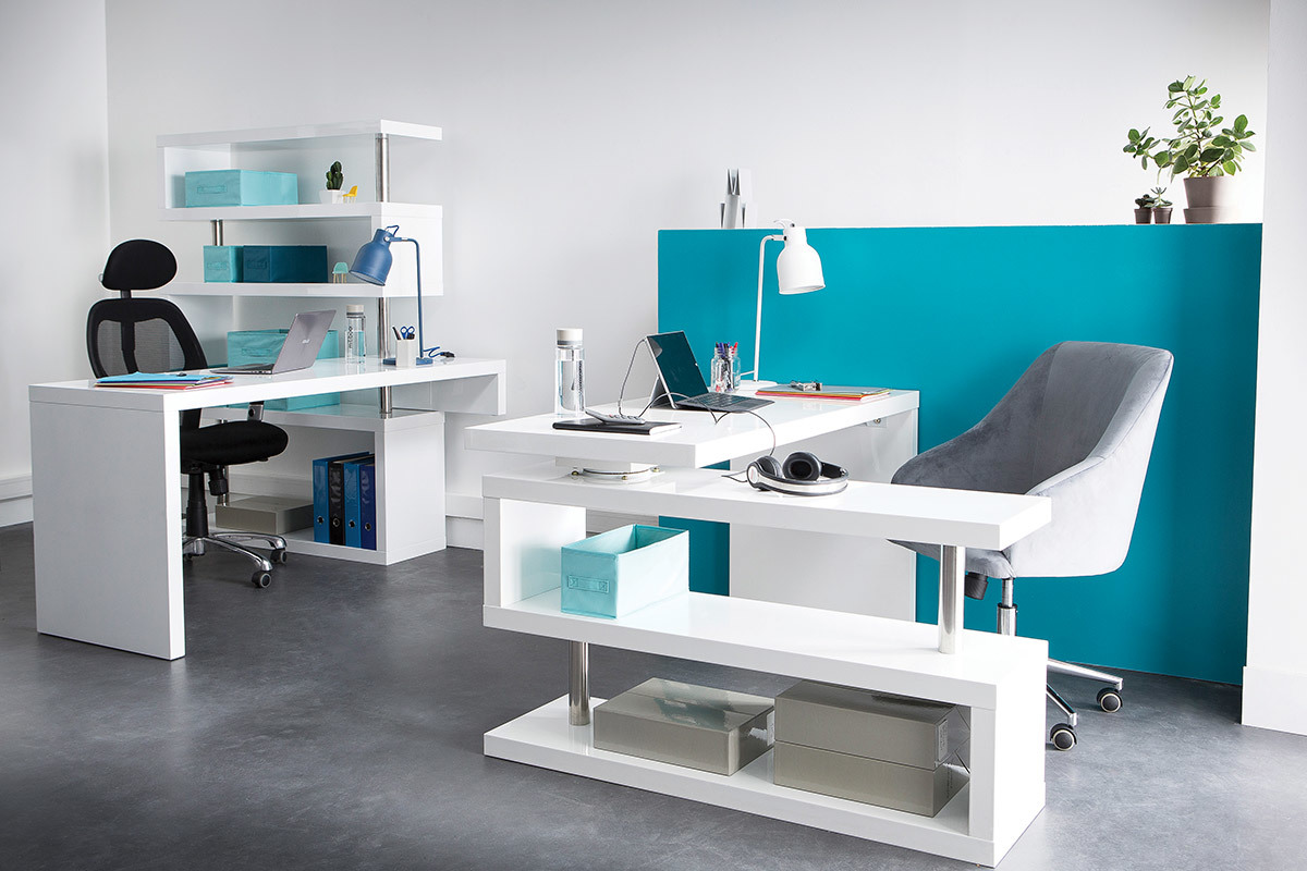 Bureau modulable design blanc laqu brillant L160-247 cm T-MAX