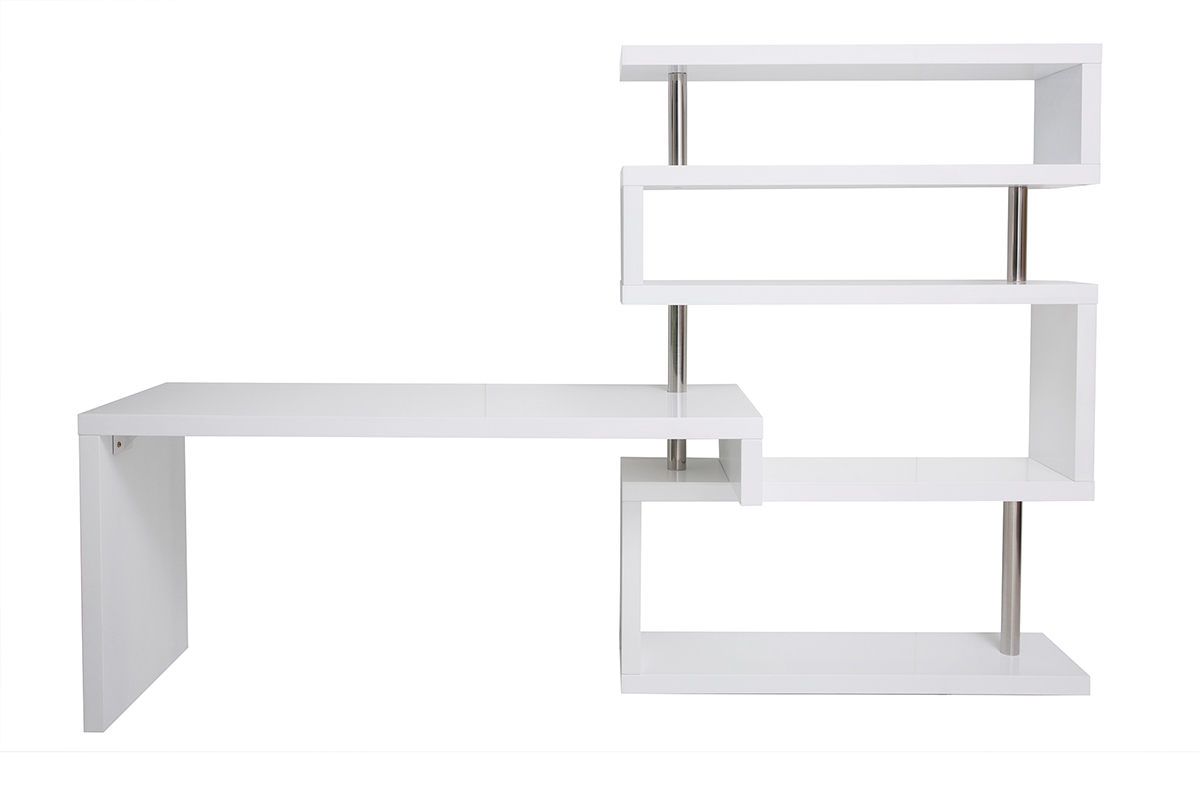 Bureau modulable design blanc laqu brillant L160-247 cm T-MAX