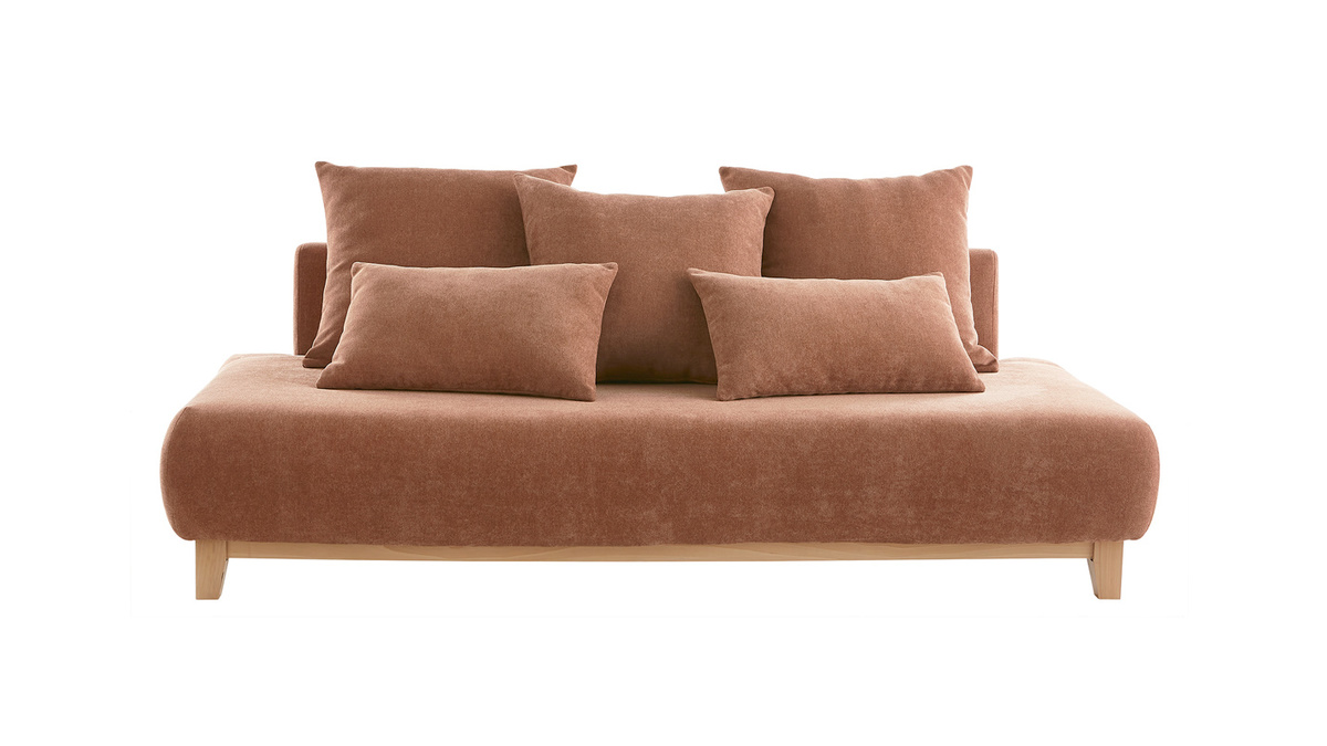 Canap 3 places en tissu effet velours textur terracotta et bois clair L200 cm ODEON