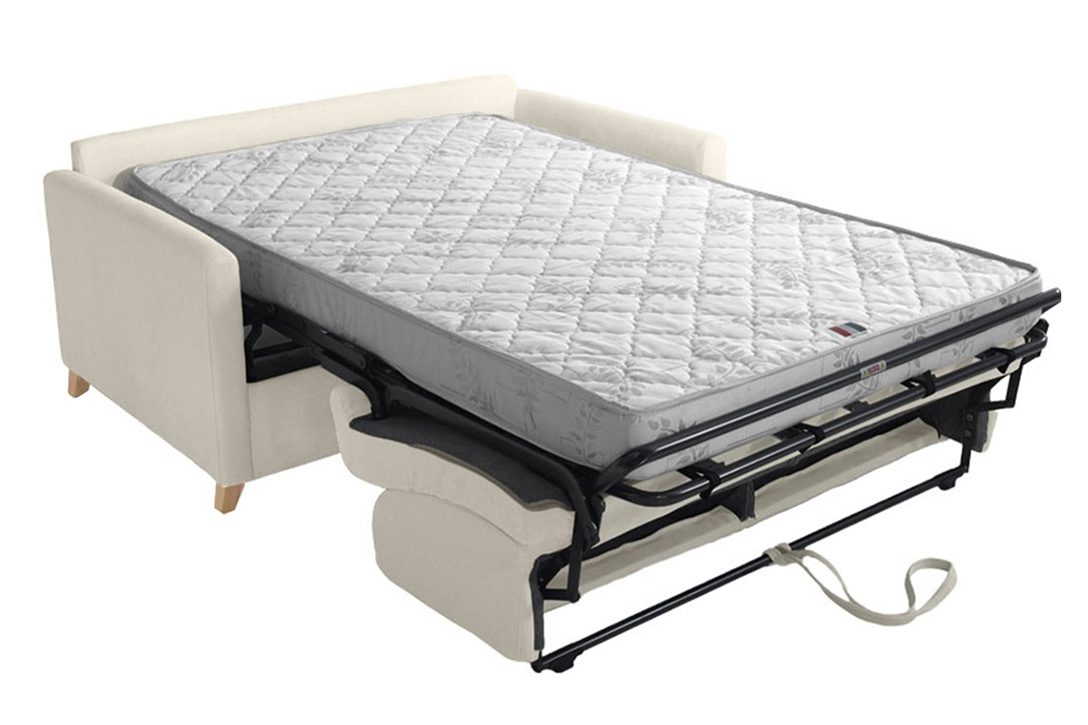 Canap convertible 2-3 places en tissu beige et bois clair avec matelas 13 cm SKANDY