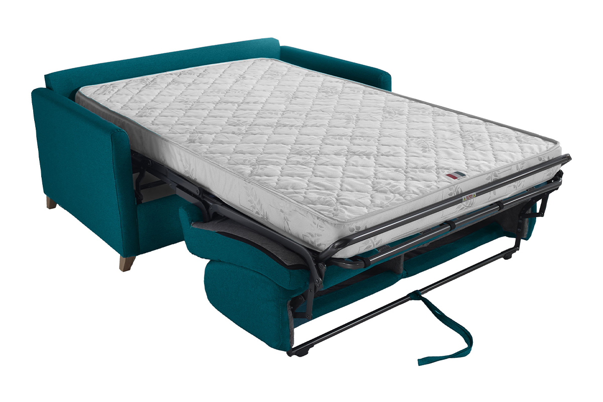 Canap convertible 2-3 places en tissu bleu canard et bois clair avec matelas 13 cm SKANDY