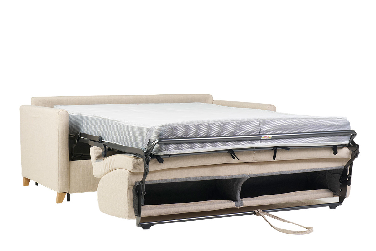 Canap convertible 3 places en tissu beige et bois clair avec matelas 18 cm SKANDY