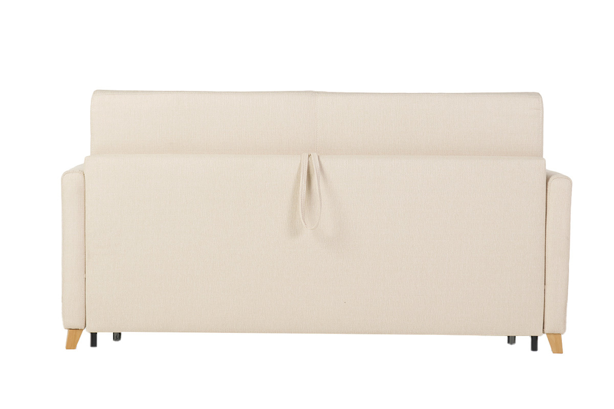 Canap convertible 3 places en tissu beige et bois clair avec matelas 18 cm SKANDY