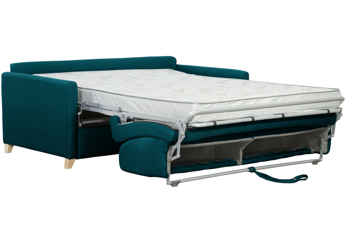 Canap convertible 3 places en tissu bleu paon et bois clair avec matelas 12 cm SKANDY