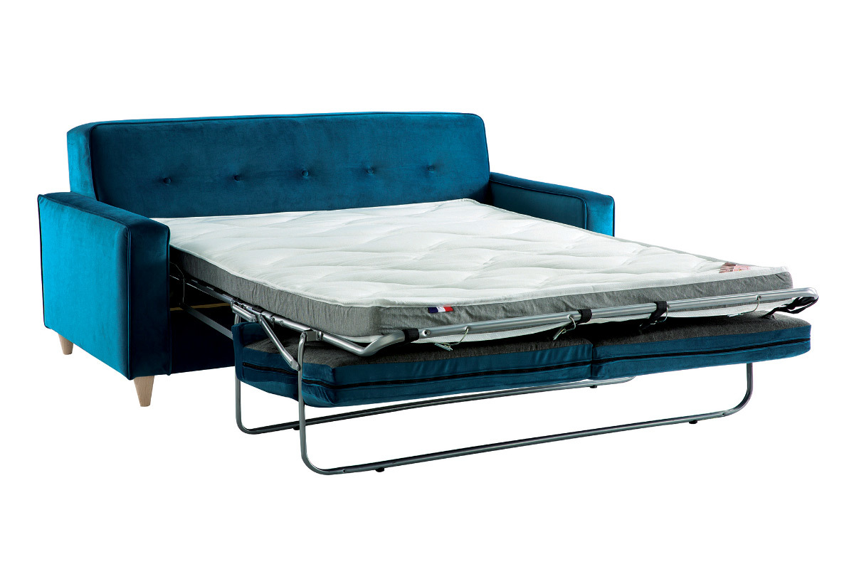 Canap convertible 3 places en tissu velours bleu paon et bois clair avec matelas 9 cm CIGALE