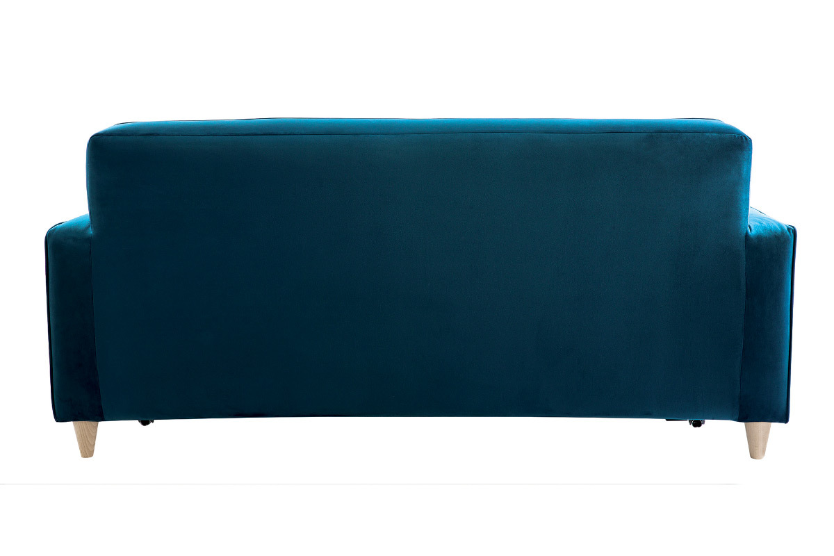 Canap convertible 3 places en tissu velours bleu paon et bois clair avec matelas 9 cm CIGALE