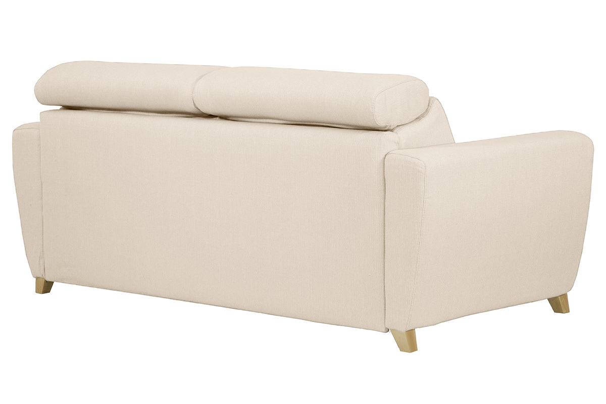 Canap convertible avec ttires ajustables 3 places en tissu beige et bois clair avec matelas 13 cm GOYA