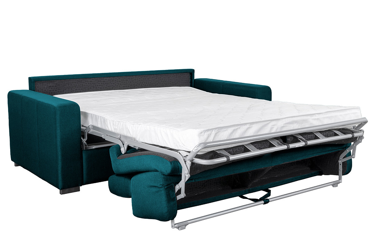 Canap convertible avec ttires ajustables 3 places en tissu bleu canard avec matelas 12 cm NORO