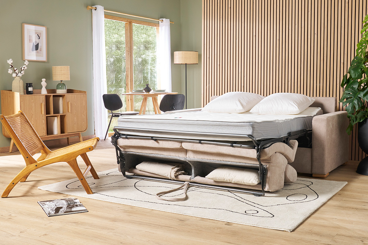 Canap convertible avec ttires ajustables 3 places en tissu effet velours beige avec matelas 18 cm NORO