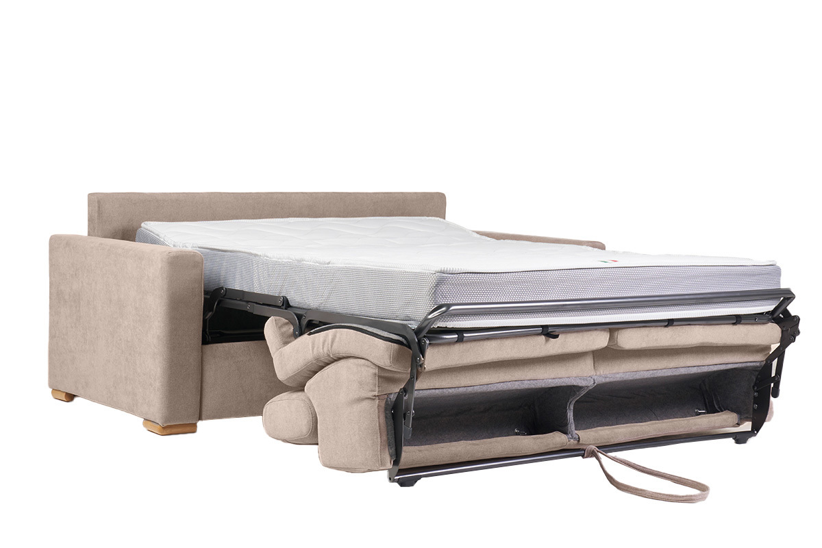 Canap convertible avec ttires ajustables 3 places en tissu effet velours beige avec matelas 18 cm NORO