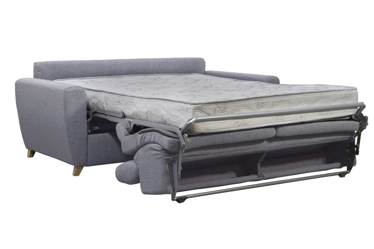 Canap convertible avec ttires ajustables 3 places en tissu gris et bois clair et matelas 18 cm GOYA