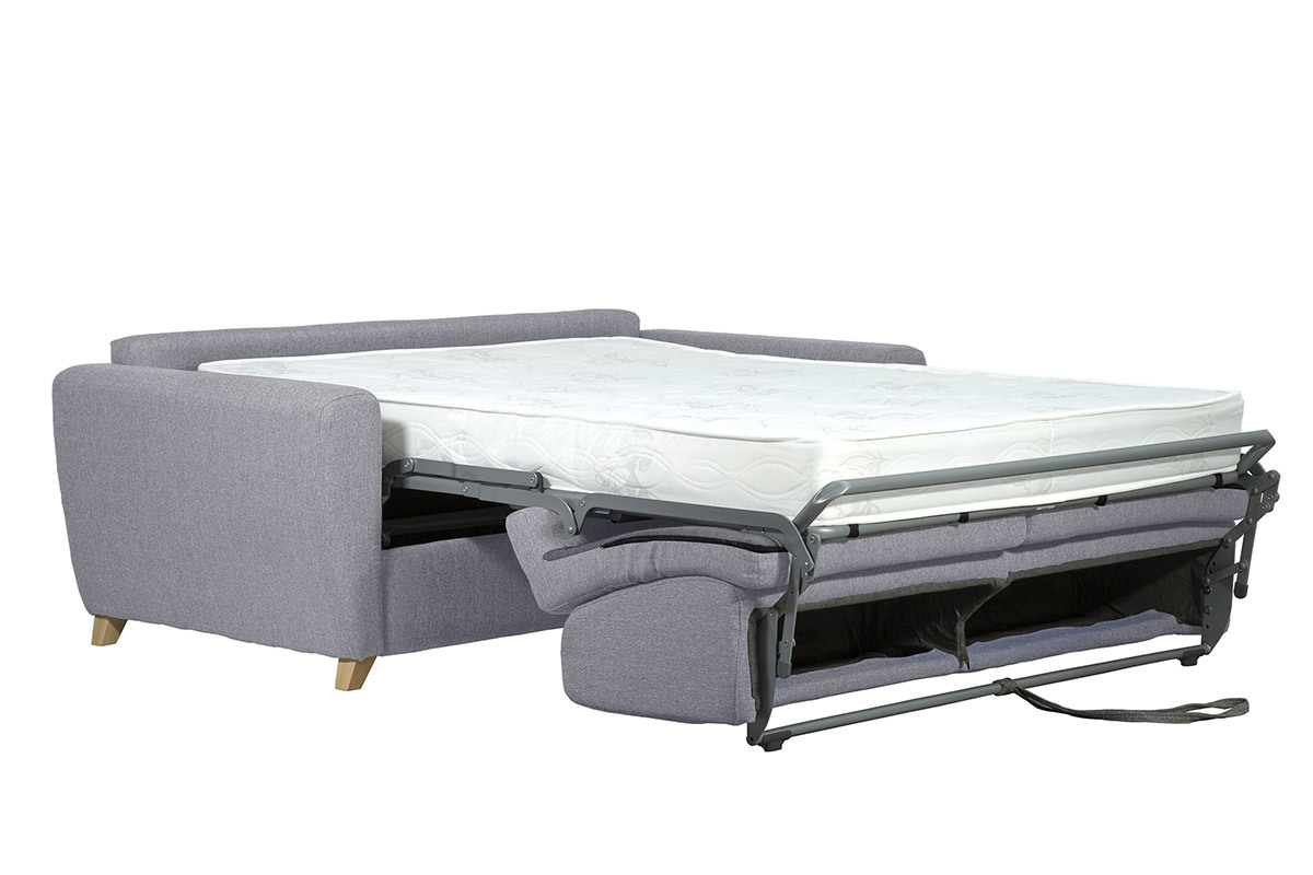 Canap convertible en tissu gris clair et bois clair avec matelas 18 cm GRAHAM