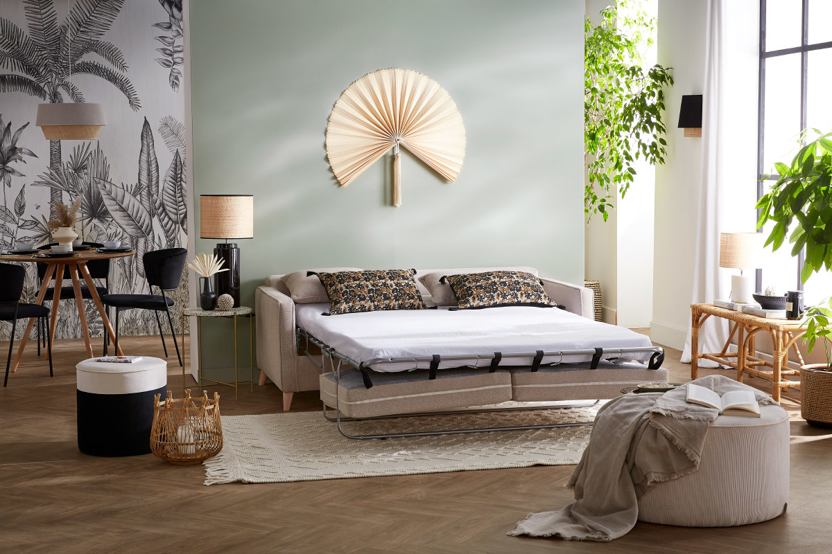 Canap convertible scandinave 3 places en tissu beige et bois clair avec matelas 10 cm PAPEL