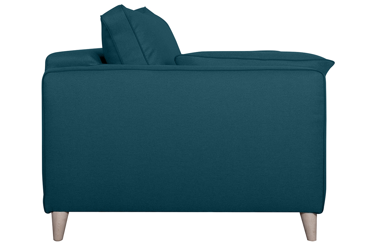 Canap convertible scandinave 3 places en tissu bleu canard et bois clair avec matelas 10 cm PAPEL