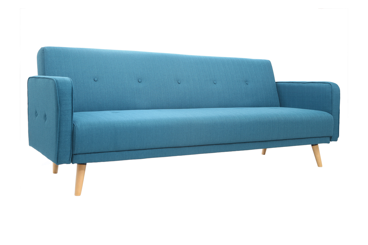 Canap convertible scandinave 3 places en tissu bleu et bois clair ULLA