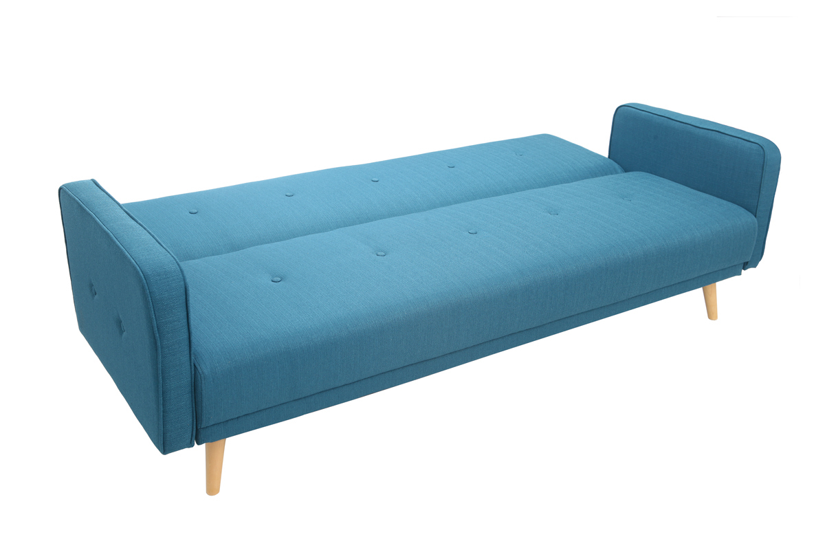 Canap convertible scandinave 3 places en tissu bleu et bois clair ULLA