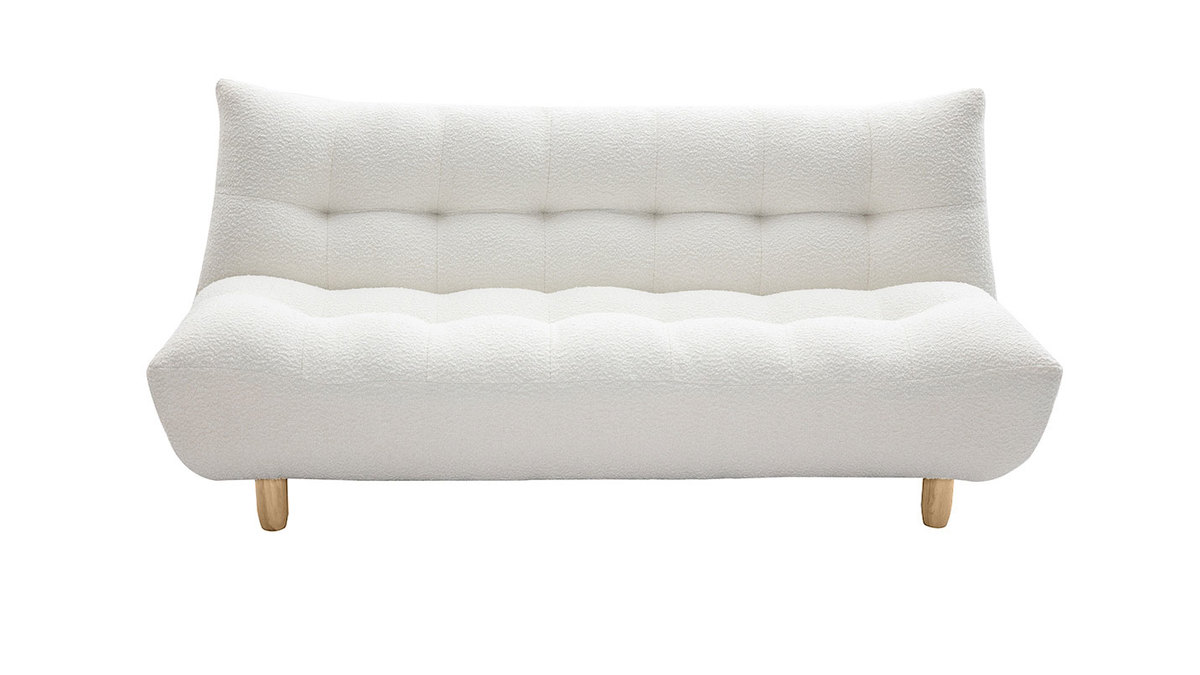 Canap convertible scandinave 3 places en tissu effet laine boucle blanc et bois clair YUMI