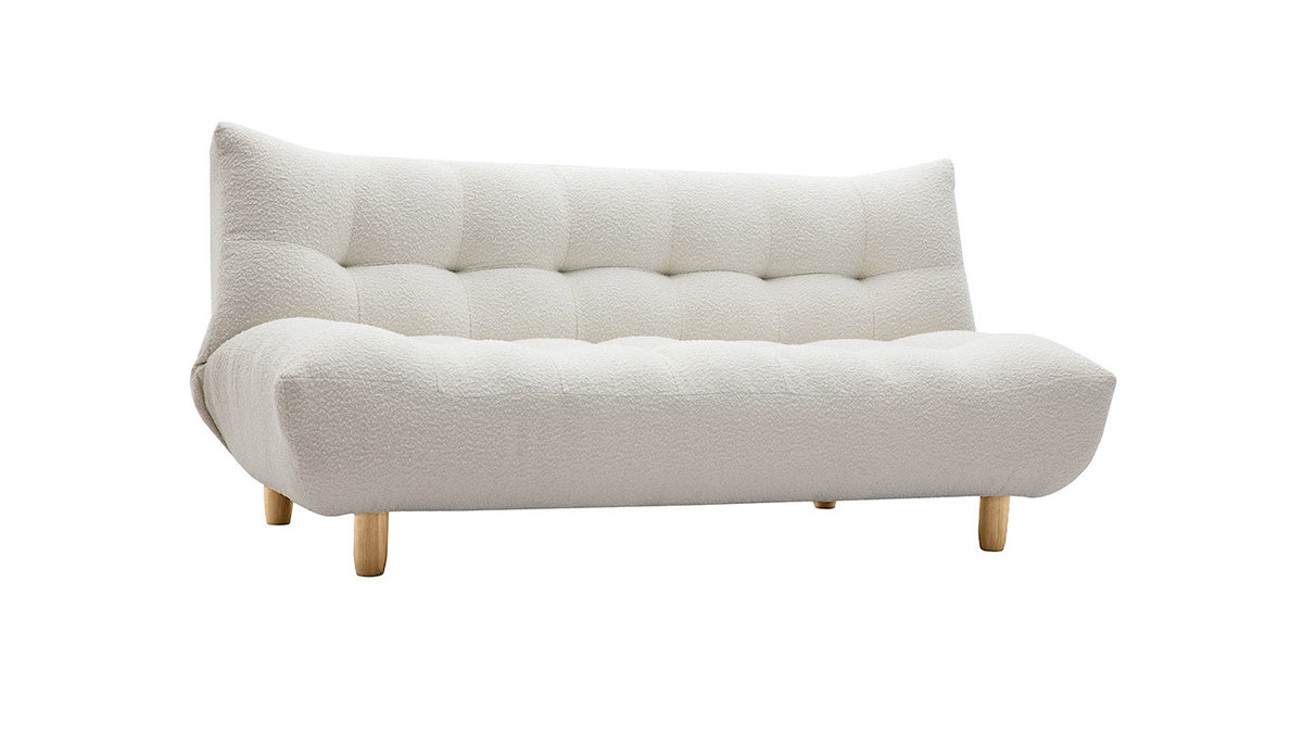 Canap convertible scandinave 3 places en tissu effet laine boucle blanc et bois clair YUMI