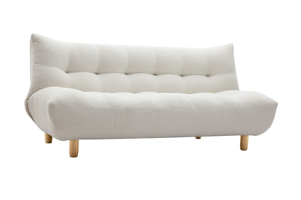 Canap convertible scandinave 3 places en tissu effet laine boucle blanc et bois clair YUMI