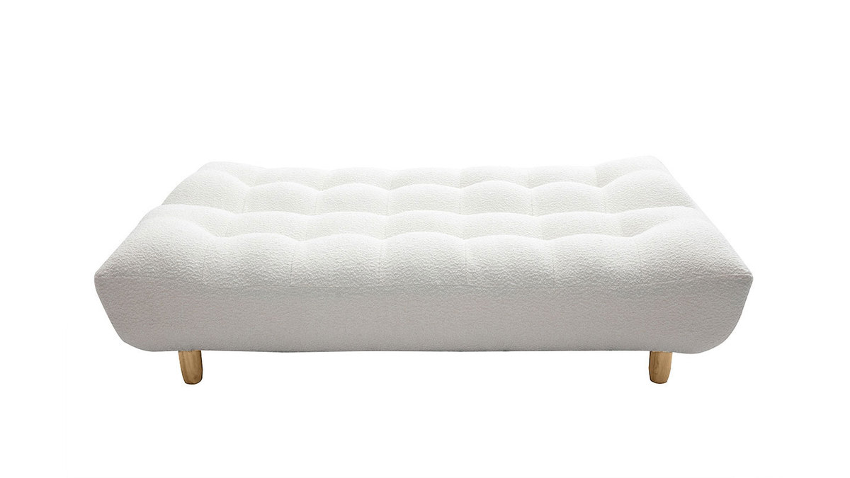 Canap convertible scandinave 3 places en tissu effet laine boucle blanc et bois clair YUMI