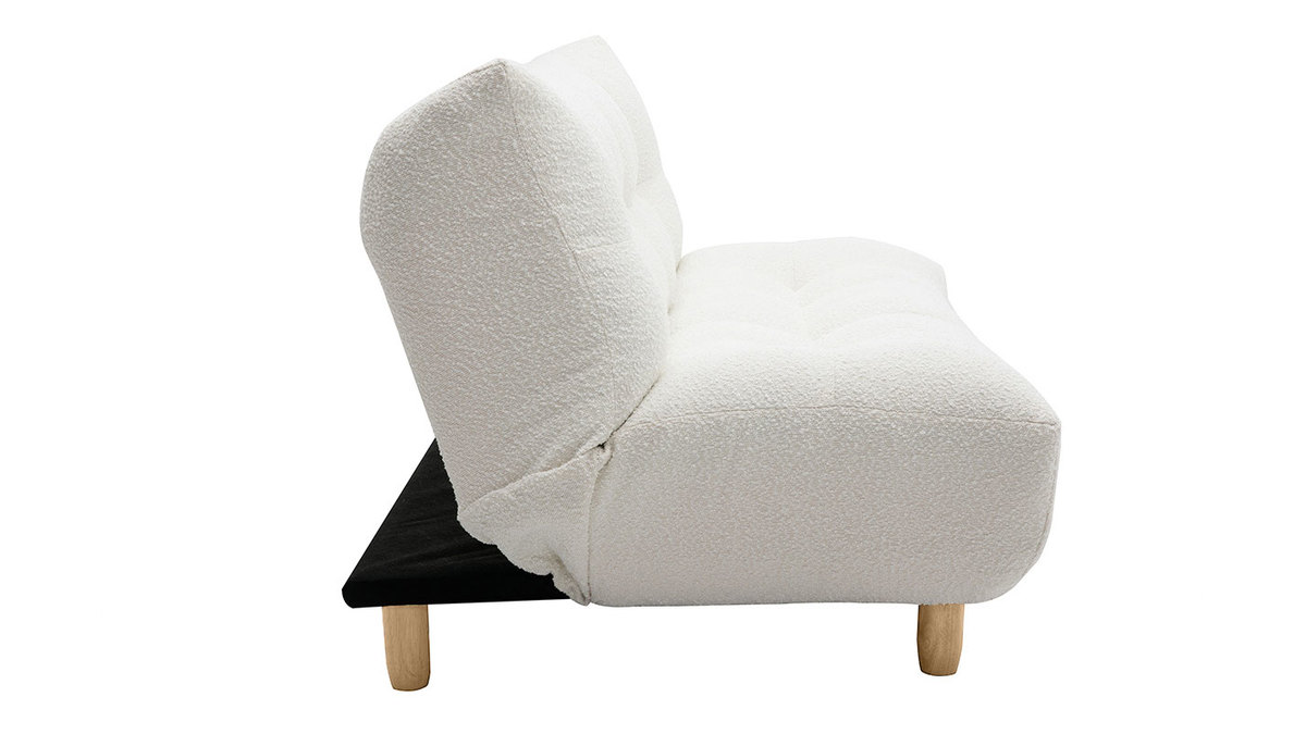 Canap convertible scandinave 3 places en tissu effet laine boucle blanc et bois clair YUMI