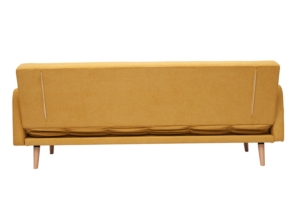 Canap convertible scandinave 3 places en tissu effet velours jaune moutarde et bois clair ULLA