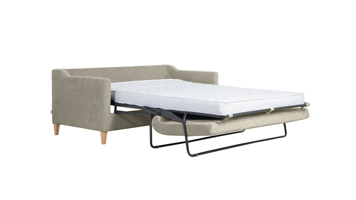 Canap convertible scandinave 3 places en tissu effet velours taupe et bois clair LOUISE