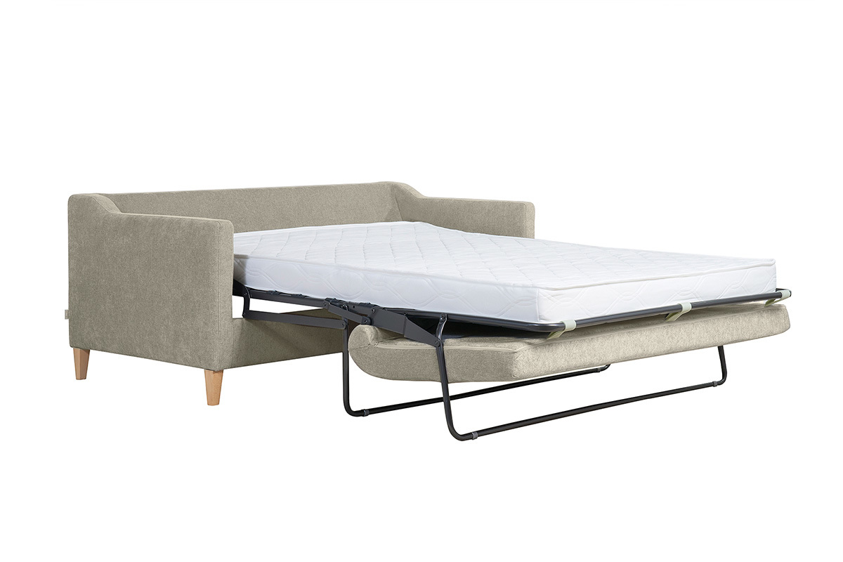 Canap convertible scandinave 3 places en tissu effet velours taupe et bois clair LOUISE