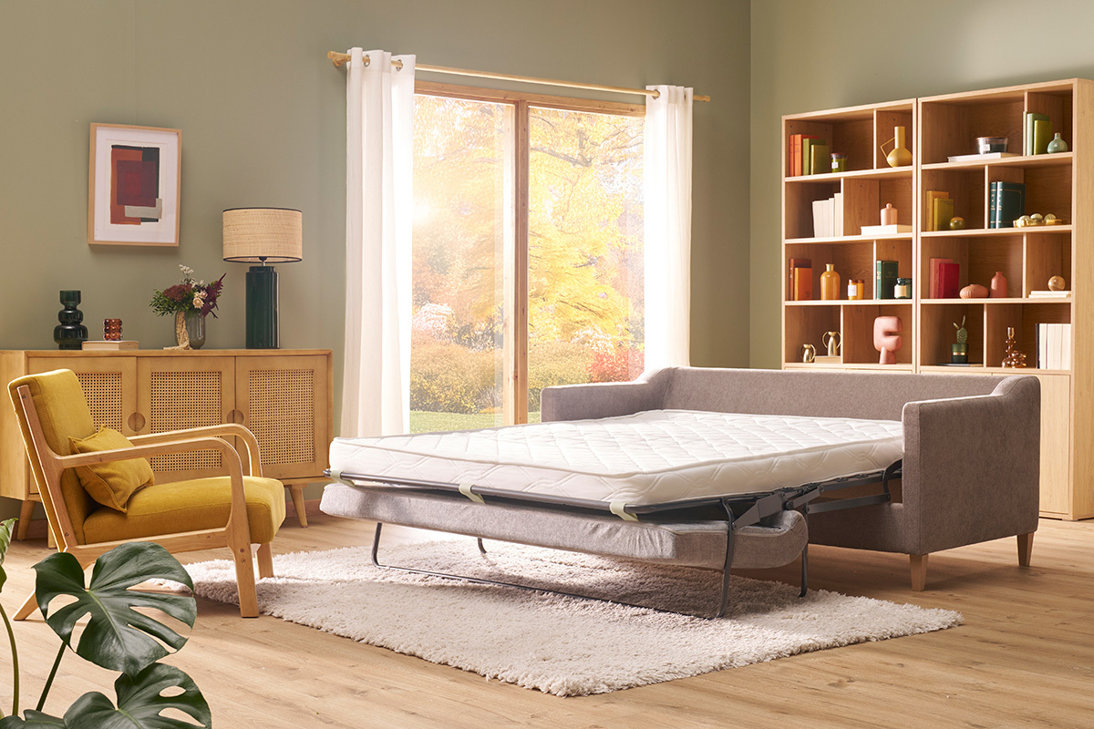 Canap convertible scandinave 3 places en tissu effet velours taupe et bois clair LOUISE