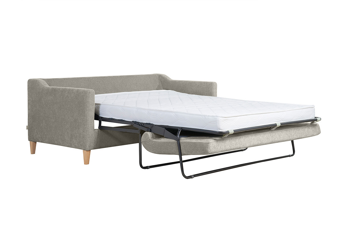 Canap convertible scandinave 3 places en tissu effet velours taupe et bois clair LOUISE