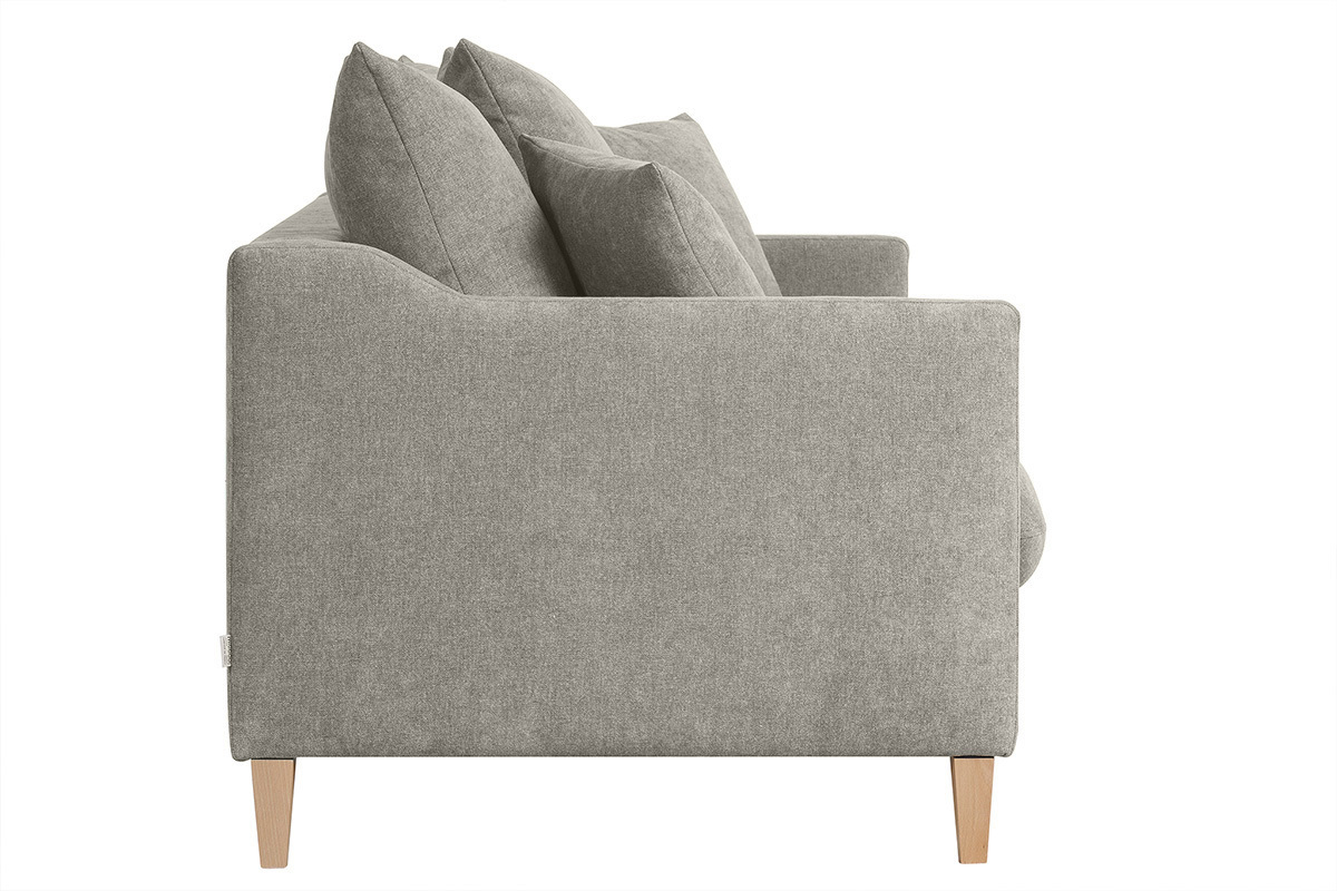 Canap convertible scandinave 3 places en tissu effet velours taupe et bois clair LOUISE