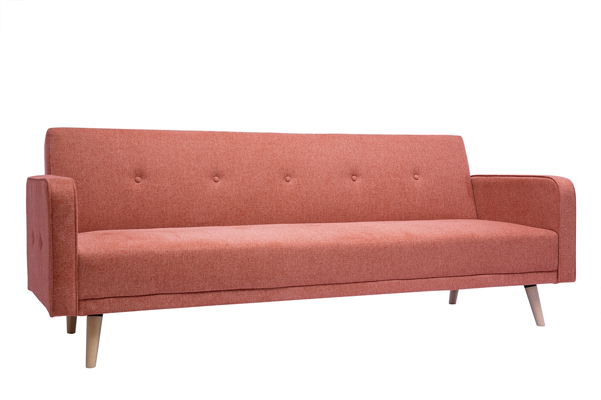 Canap convertible scandinave 3 places en tissu effet velours textur terracotta et bois clair ULLA