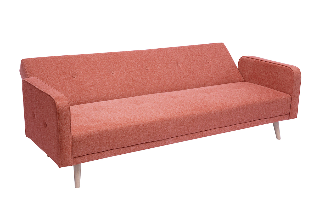 Canap convertible scandinave 3 places en tissu effet velours textur terracotta et bois clair ULLA