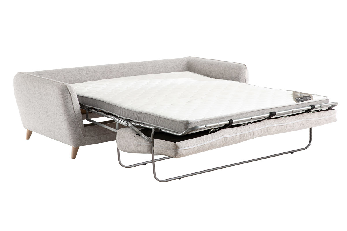 Canap convertible scandinave 3 places en tissu gris clair chin et bois clair avec matelas 10 cm CREEP