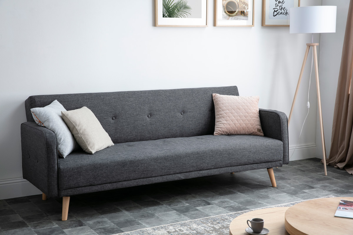 Canap convertible scandinave 3 places en tissu gris fonc et bois clair ULLA