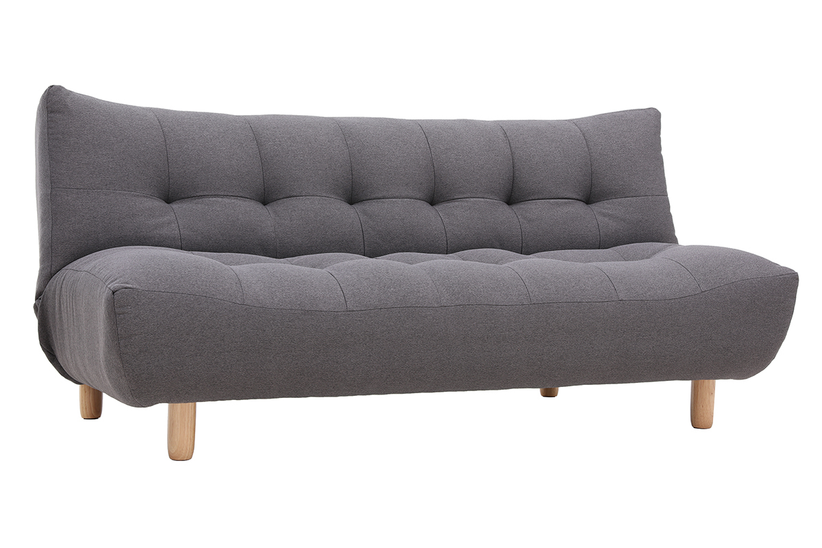 Canap convertible scandinave 3 places en tissu gris fonc et bois clair YUMI