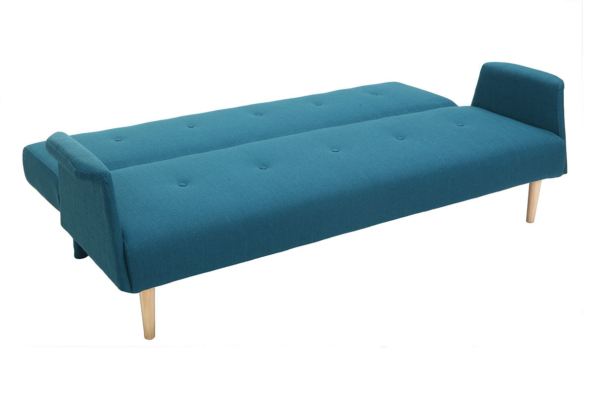 Canap d'angle convertible rversible 4 places en tissu bleu canard et bois clair OSCAR