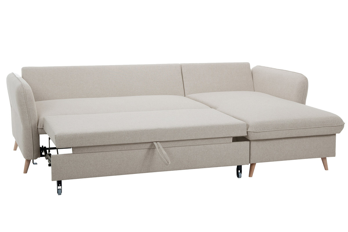 Canap d'angle convertible rversible avec coffre 3-4 places en tissu beige et bois clair DRISS