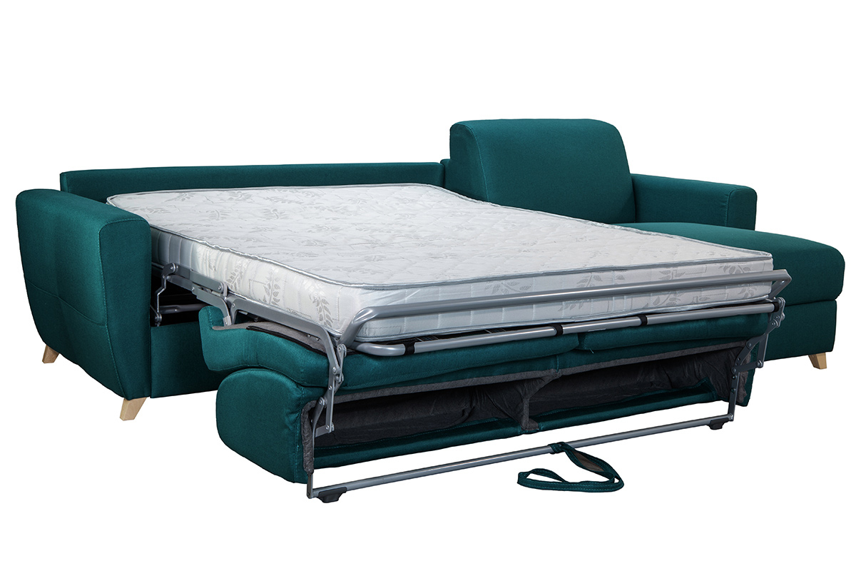 Canap d'angle convertible rversible avec coffre 4 places en tissu bleu canard et bois clair GRAHAM