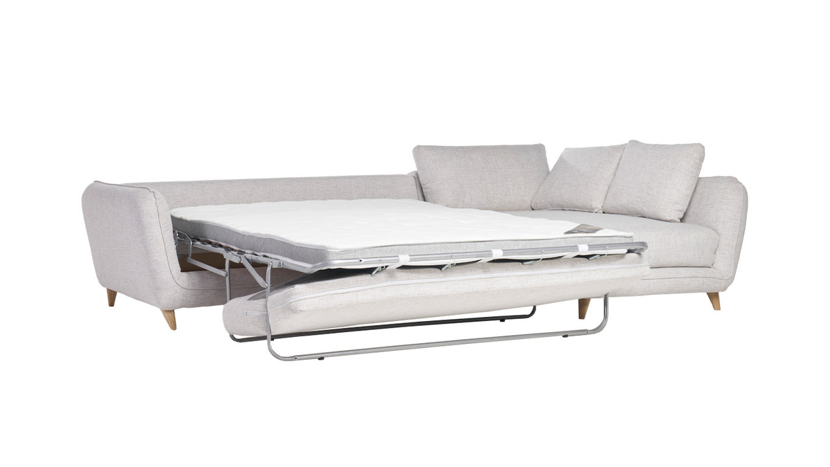 Canap d'angle droit convertible scandinave 5 places en tissu gris clair chin et bois clair CREEP