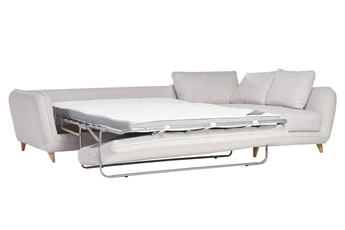 Canap d'angle droit convertible scandinave 5 places en tissu gris clair chin et bois clair CREEP