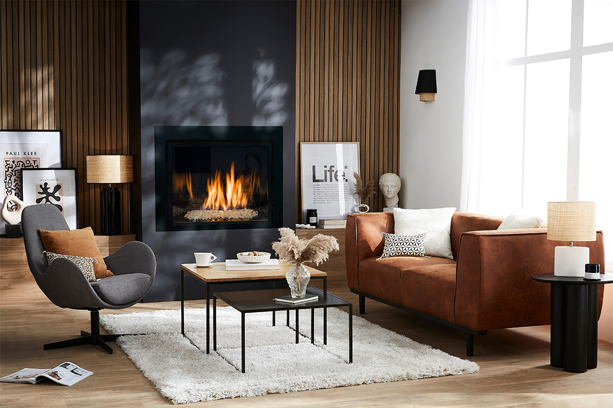 Canap design 2-3 places en cuir aspect vieilli marron cognac MORRIS