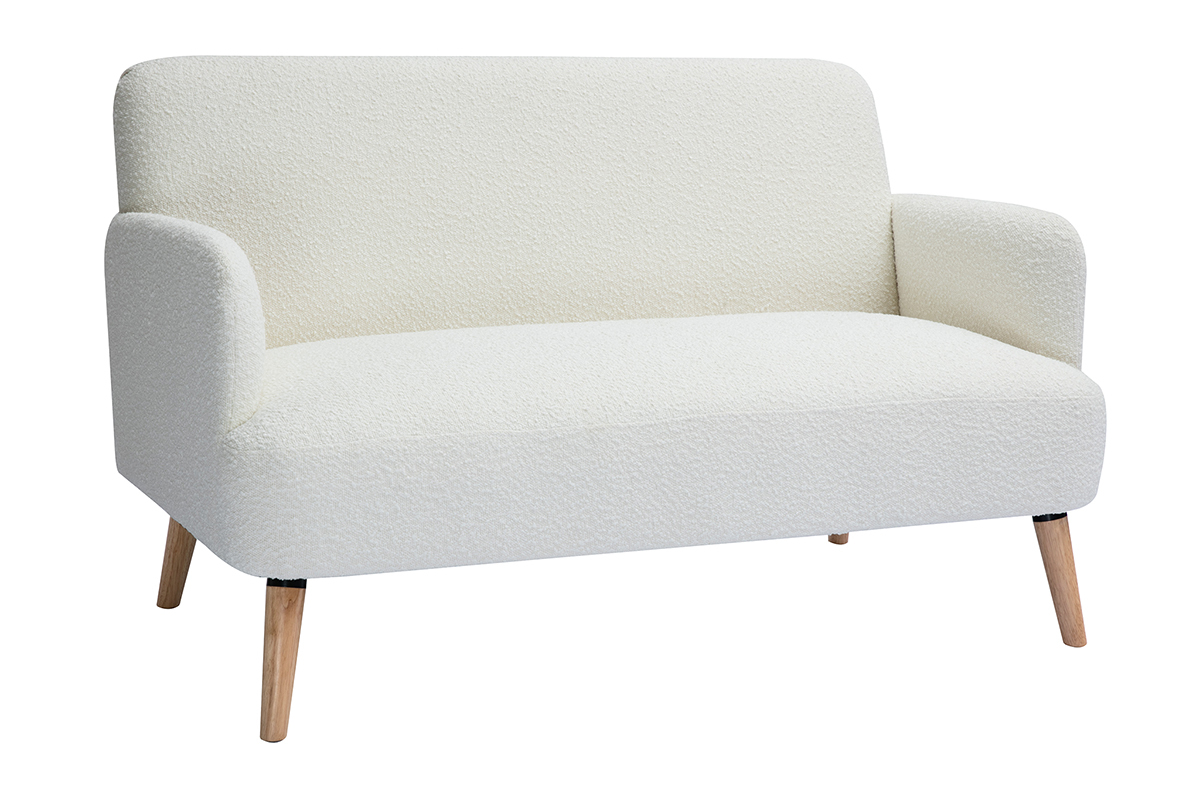 Canap scandinave 2 places en tissu effet laine boucle blanc et bois clair ISKO