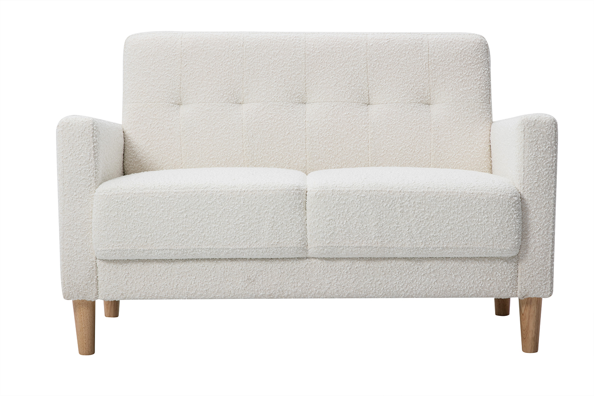 Canap scandinave 2 places en tissu effet laine boucle blanc et bois clair MOON