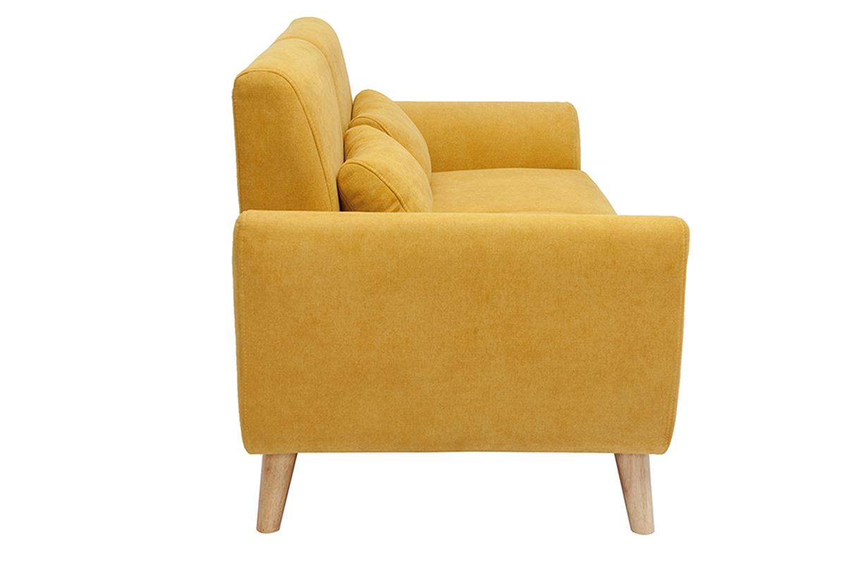 Canap scandinave 2 places en tissu effet velours jaune moutarde et bois clair EKTOR