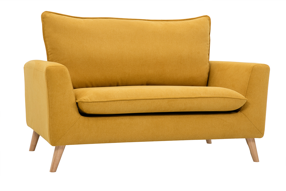 Canap scandinave 2 places en tissu effet velours jaune moutarde et bois clair JONAS