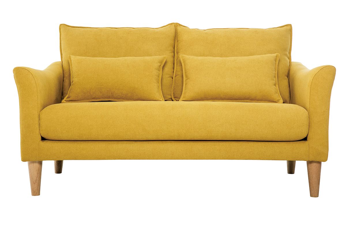 Canap scandinave 2 places en tissu effet velours jaune moutarde et bois clair KATE