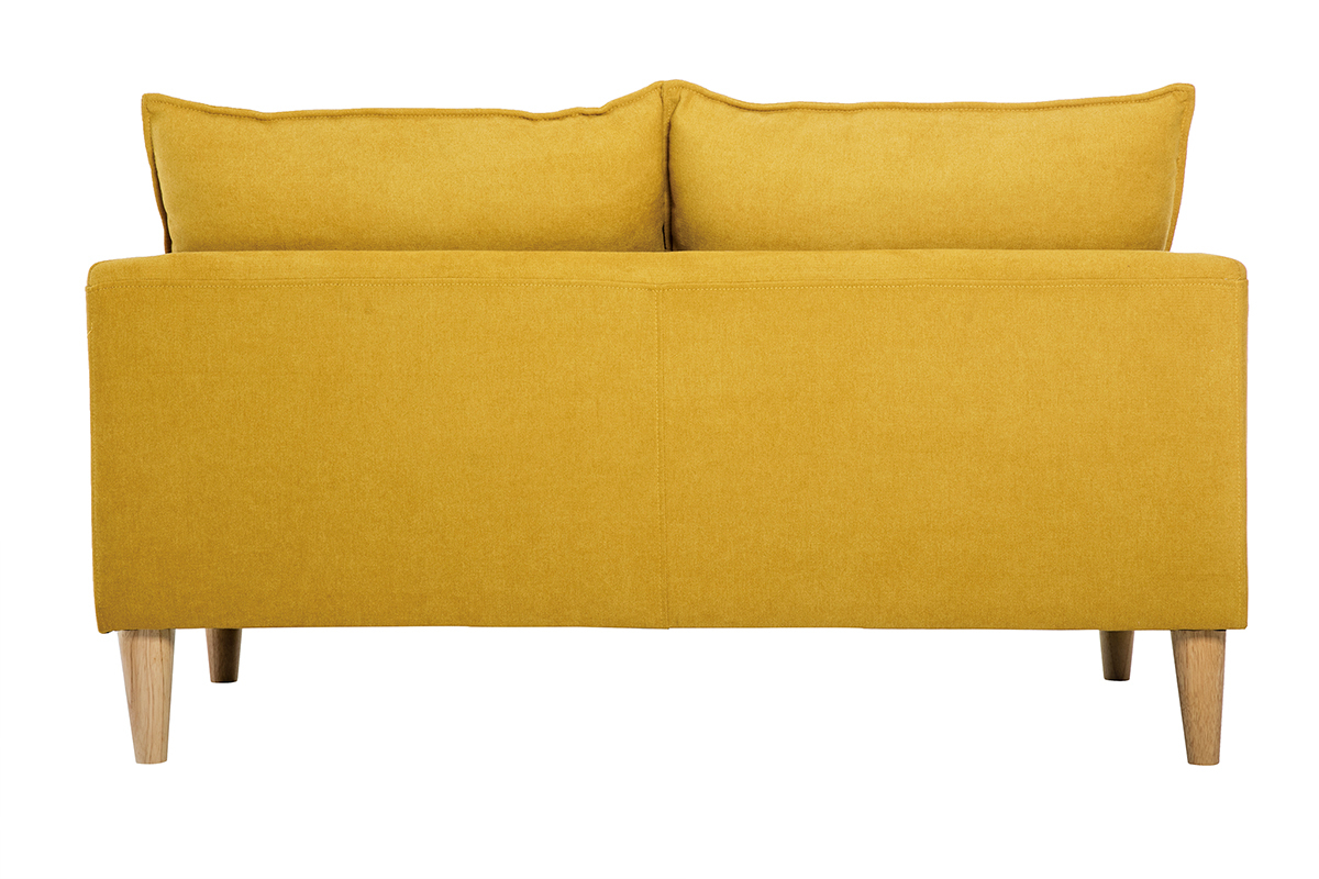 Canap scandinave 2 places en tissu effet velours jaune moutarde et bois clair KATE