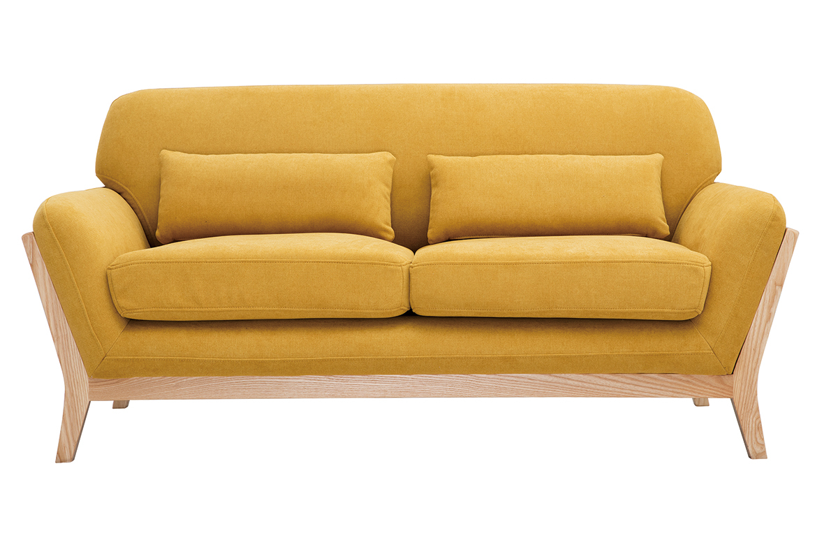 Canap scandinave 2 places en tissu effet velours jaune moutarde et bois clair YOKO