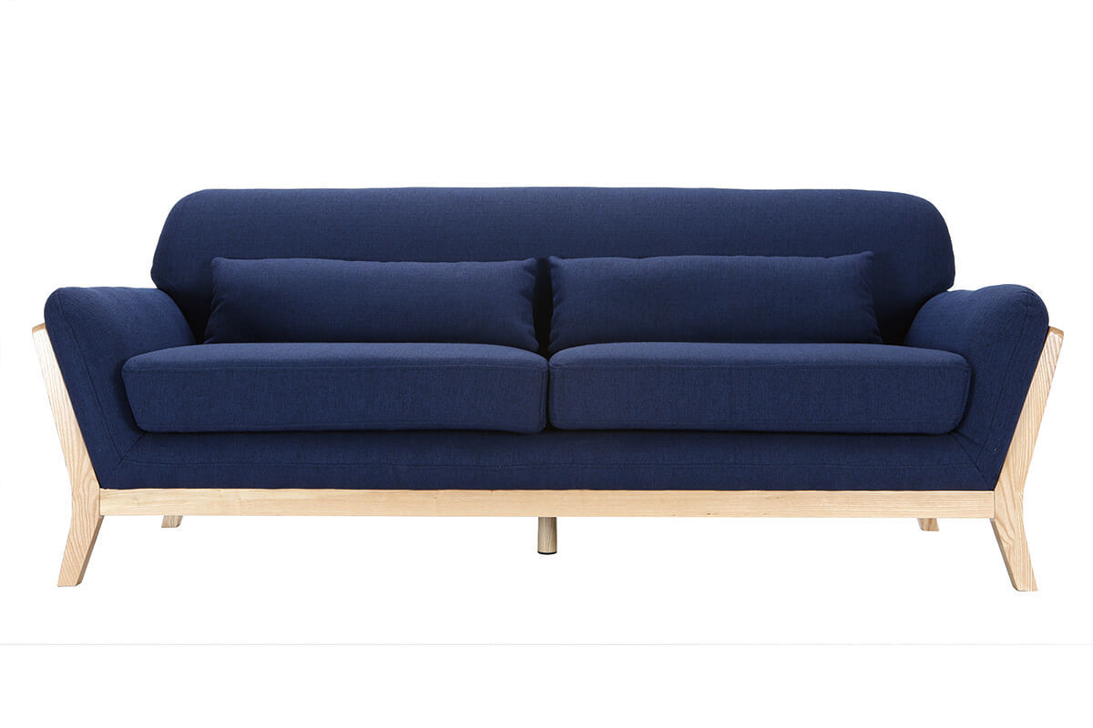 Canap scandinave 3 places en tissu bleu fonc et bois clair YOKO